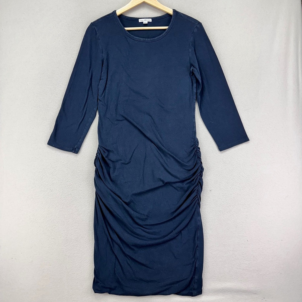 James Perse T-Shirt Dress size 3 L Navy 3/4 Sleeve Ruched Bodycon Fitted Stretch